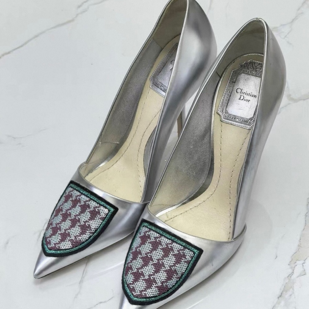 Dior Metallic Silver Heels with Patterned Toe